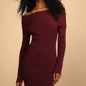 Burgundy Ribbed Off-the-Shoulder Sweater Dress